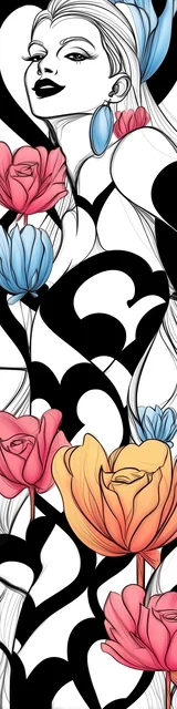 Free colorable bookmarks of a woman among open tulips